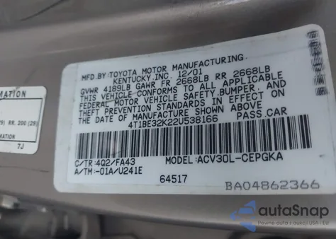 2002 Toyota Camry Xle z USA, uszkodzony, nr VIN 4T1BE32K22U538166